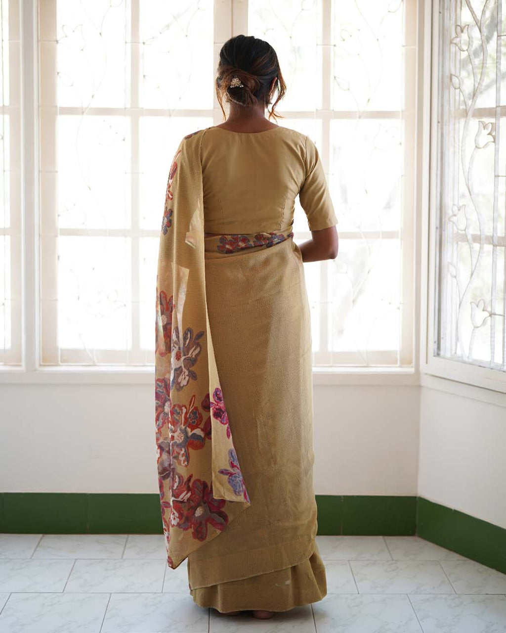 Silk Georgette Hand Block Printed Mustard Saree