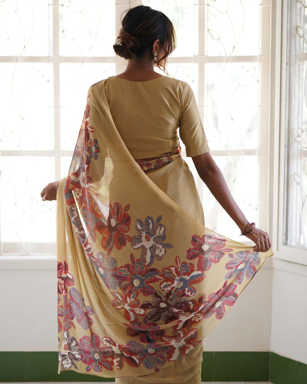 Silk Georgette Hand Block Printed Mustard Saree
