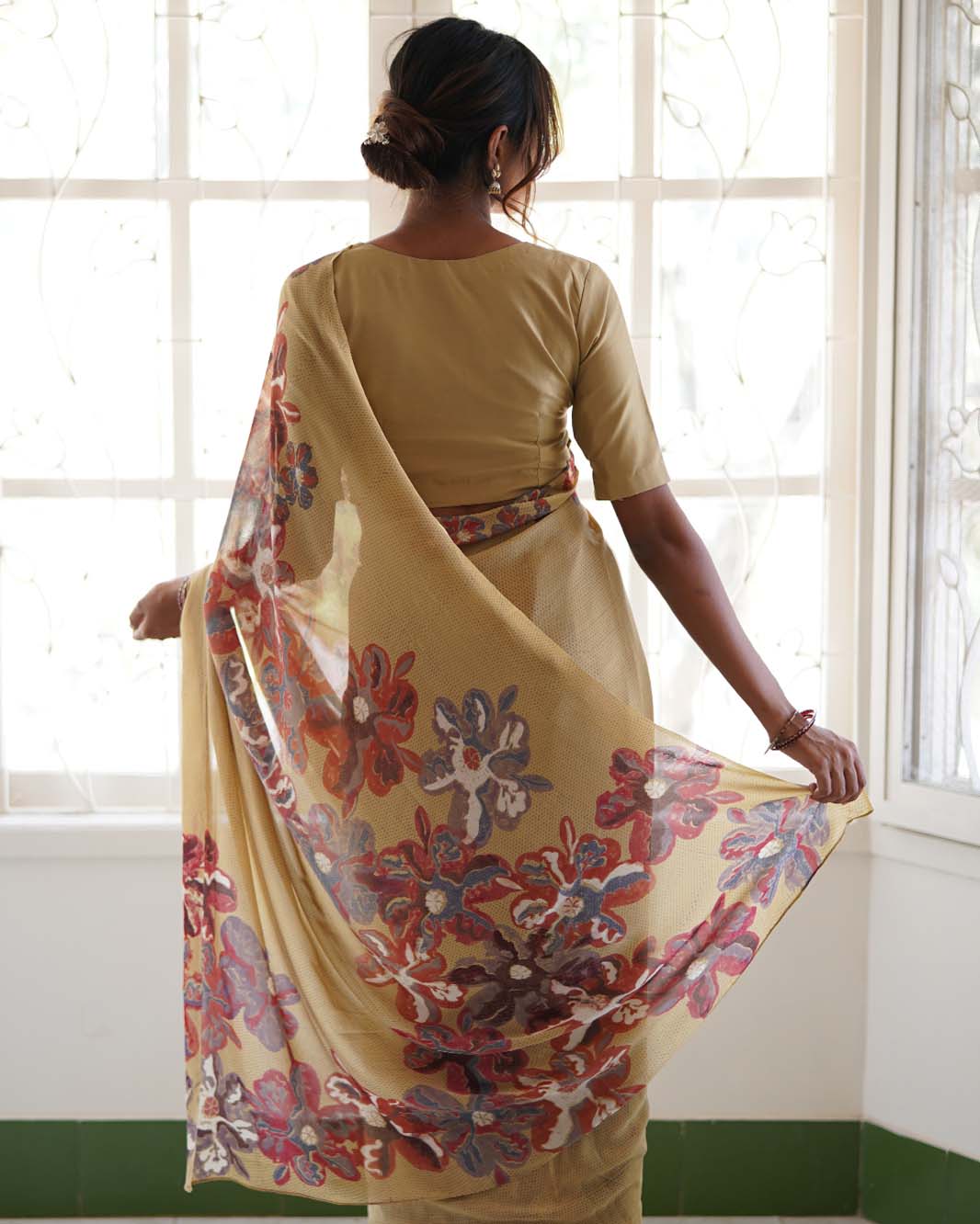 Silk Georgette Hand Block Printed Mustard Saree
