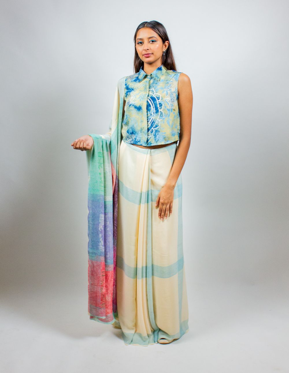 Crepe Silk Hand Block Printed Creme Saree