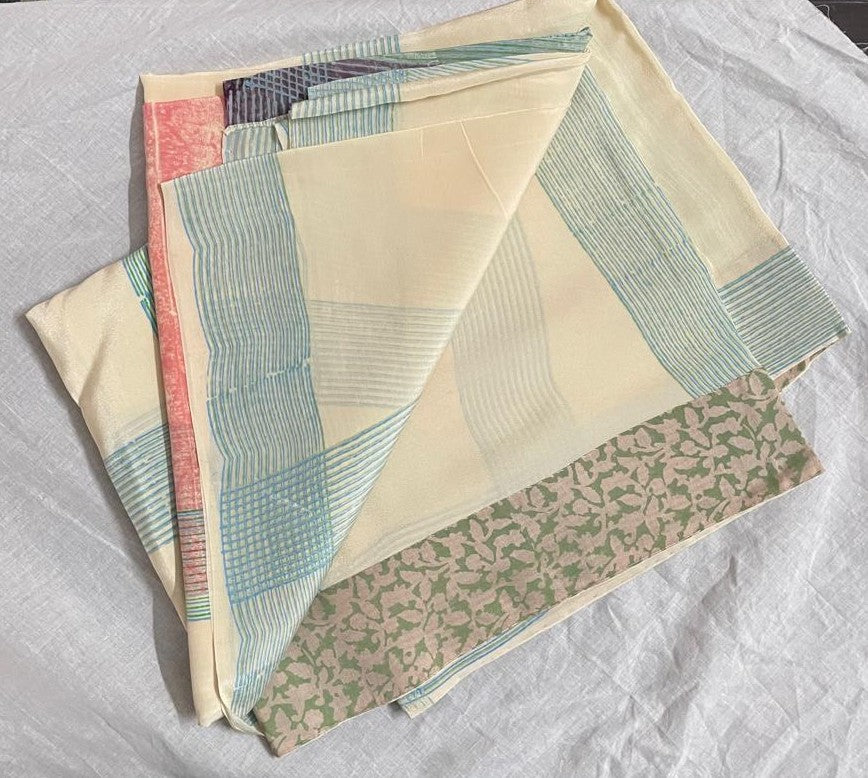 Crepe Silk Hand Block Printed Creme Saree